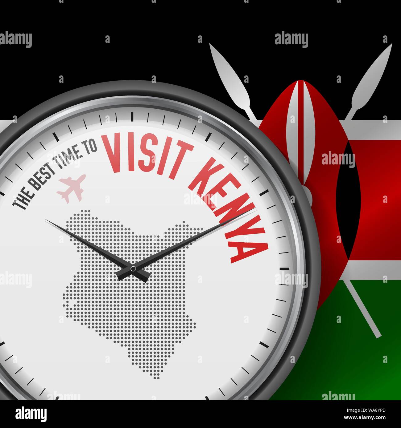 Il momento migliore per visitare il Kenya. Viaggio in Kenya. Aria turistica volo. Sventola bandiera di sfondo e punti mappa Pattern sul quadrante. Illustrazione Vettoriale. Illustrazione Vettoriale
