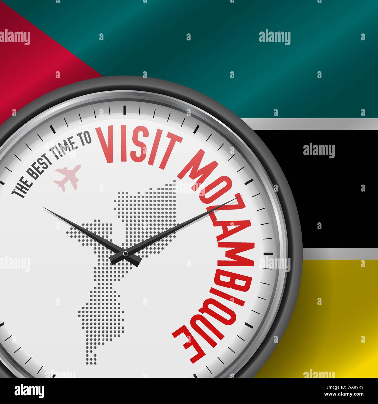 Il periodo migliore per visitare il Mozambico. Viaggio in Mozambico. Aria turistica volo. Sventola bandiera di sfondo e punti mappa Pattern sul quadrante. Vector illustrat Illustrazione Vettoriale