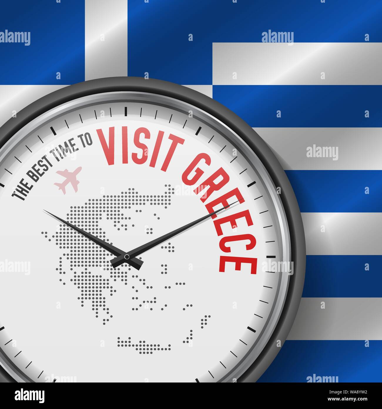 Il periodo migliore per visitare la Grecia. Viaggi in Grecia. Aria turistica volo. Sventola bandiera di sfondo e punti mappa Pattern sul quadrante. Illustrazione Vettoriale. Illustrazione Vettoriale