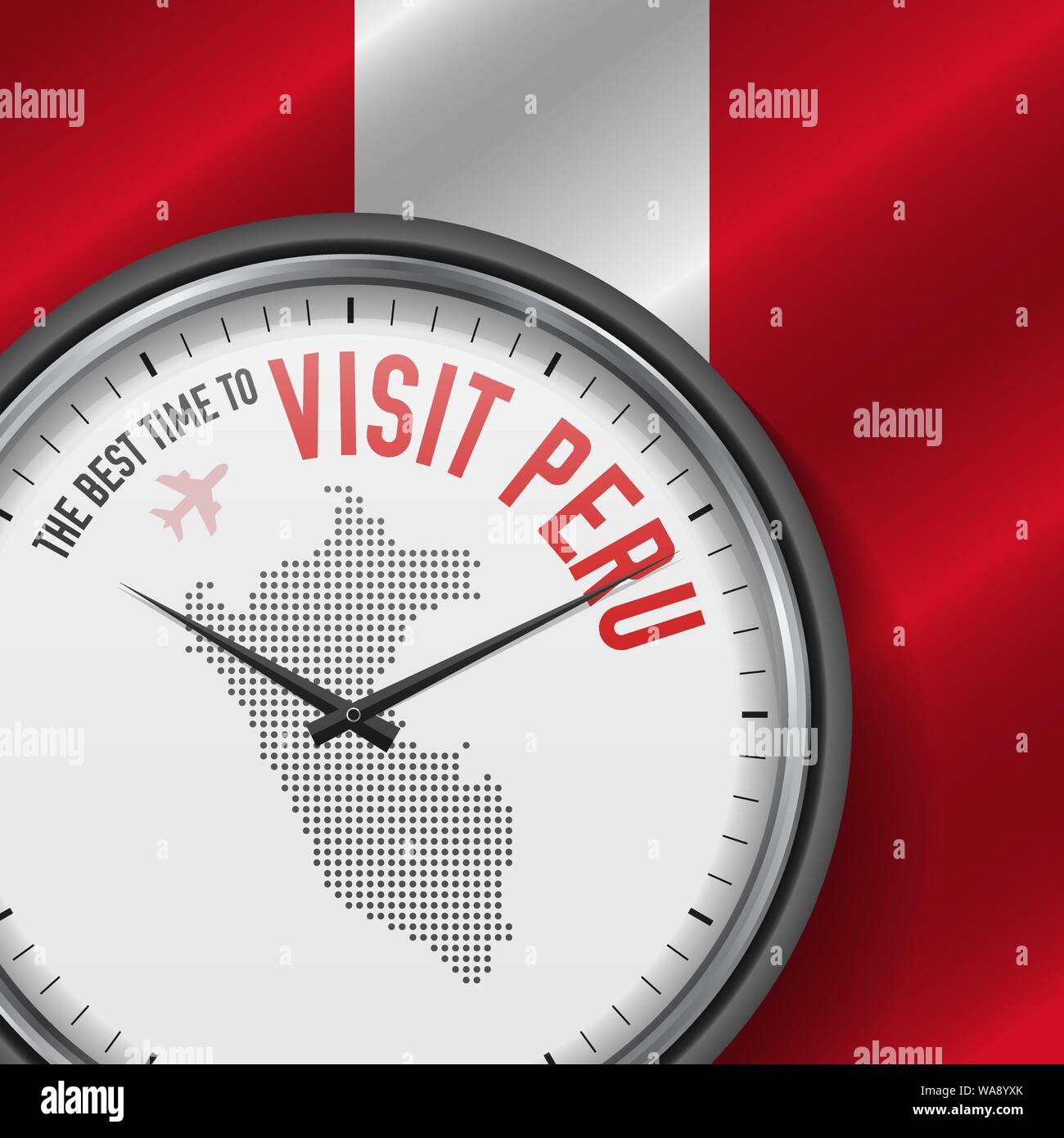 Il periodo migliore per visitare il Perù. Viaggio in Perù. Aria turistica volo. Sventola bandiera di sfondo e punti mappa Pattern sul quadrante. Illustrazione Vettoriale. Illustrazione Vettoriale