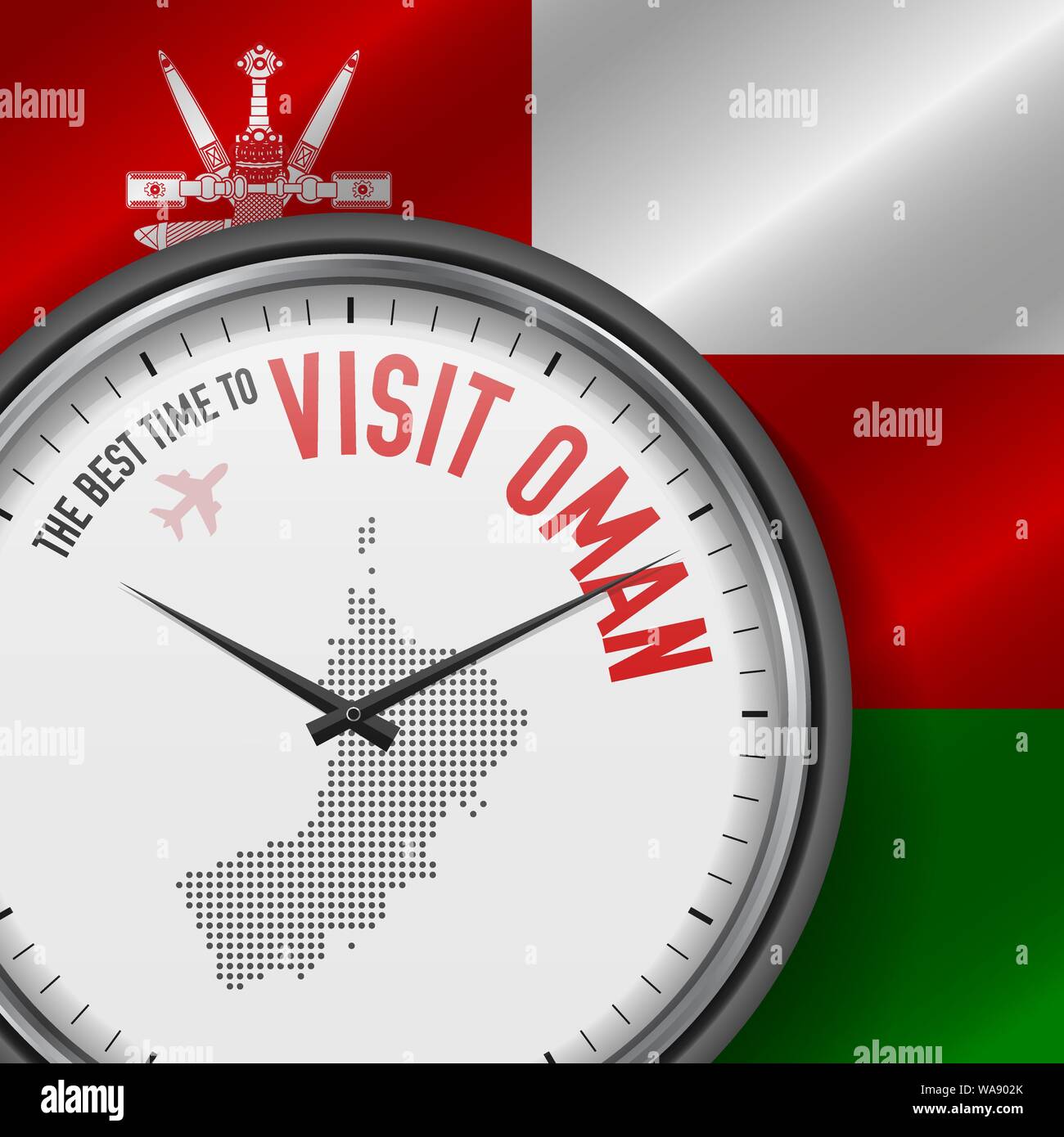 Il periodo migliore per visitare Oman. Viaggio in Oman. Aria turistica volo. Sventola bandiera di sfondo e punti mappa Pattern sul quadrante. Illustrazione Vettoriale. Illustrazione Vettoriale