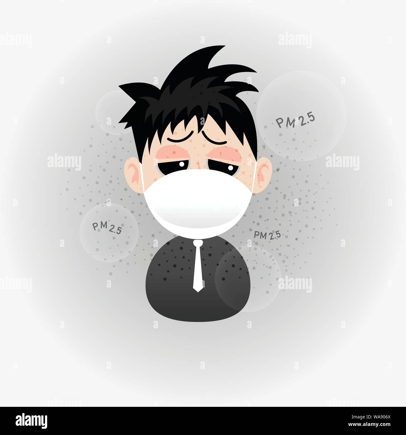 Cartoon uomo indossa n95 maschera per proteggere l'inquinamento atmosferico esterno. PM 2,5 nel misuratore di polvere. Illustrazione Vettoriale