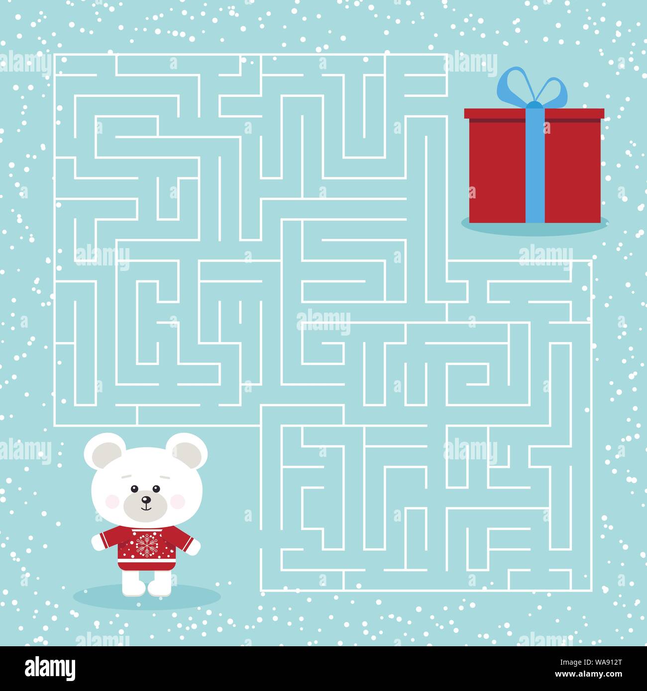 Gioco labirinto per i bambini con un labirinto cartoon di natale orso polare e dono. Illustrazione Vettoriale