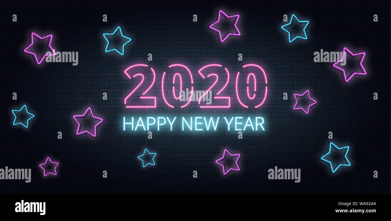 Biglietto di auguri, invito con felice anno nuovo 2020. Il Natale di scritte in neon stile su sfondo mattone. Blu e viola i colori al neon. Disegnata a mano lasciar Illustrazione Vettoriale