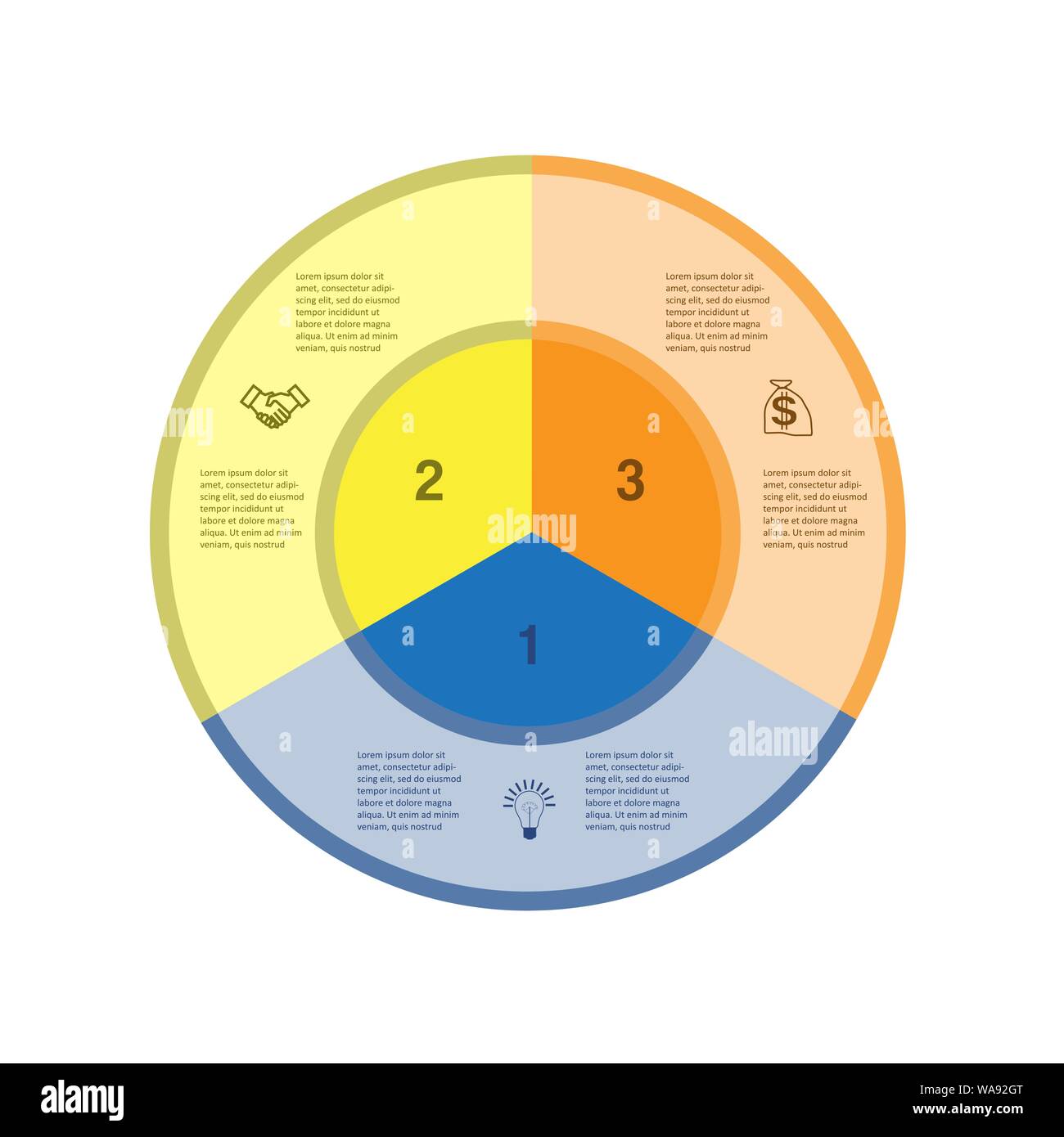 Modello per infographics. Progetto di business. Anello colorato. 3 posizioni Illustrazione Vettoriale