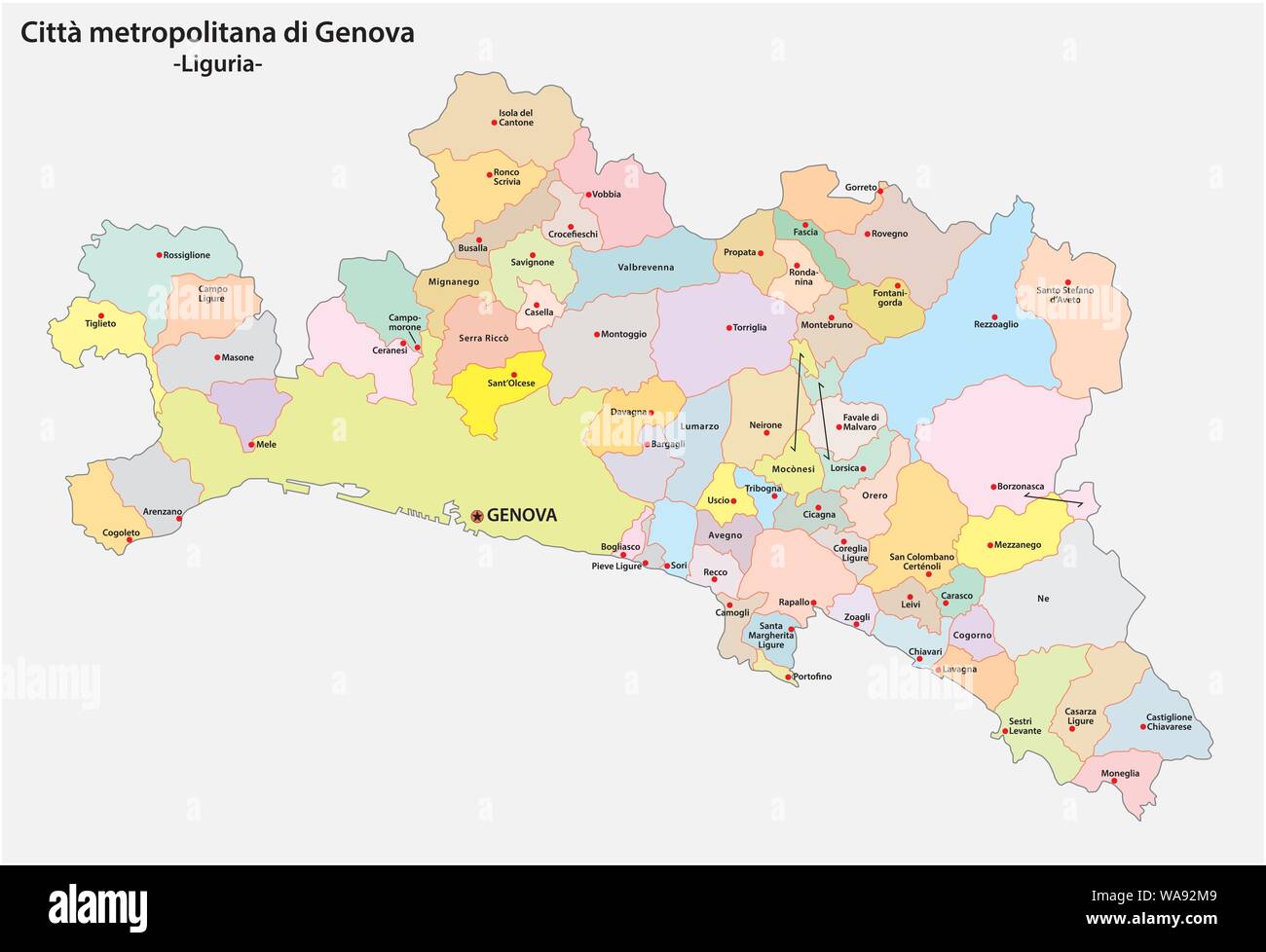 Politica e amministrativa di comunità mappa della città metropolitana di Genova nella regione Liguria Italia Illustrazione Vettoriale