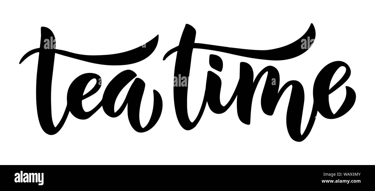 Tea time lettering spazzola disegnati a mano composizione. Bianco e nero isolato inchiostro minimalista illustrazione per poster, cartoline e altro. Illustrazione Vettoriale