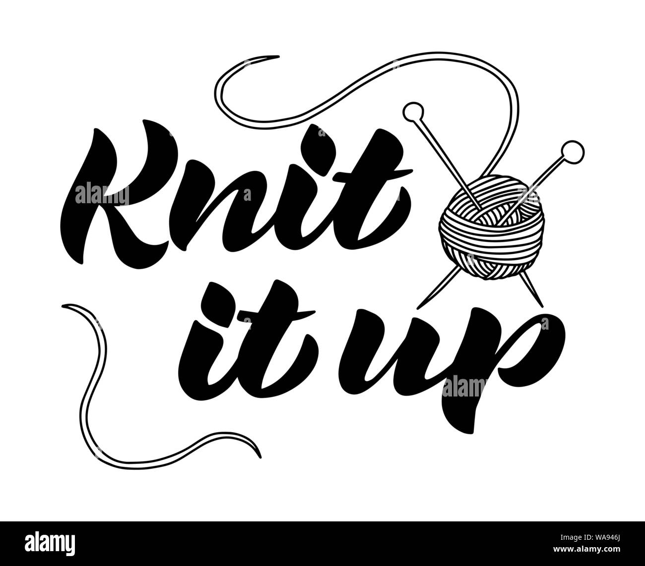 Lavorato a maglia. Disegnate a mano in bianco e nero caratteri di script per la tessitura di gruppi, circoli o società con filato a sfera e aghi come logotipo, badge o Illustrazione Vettoriale