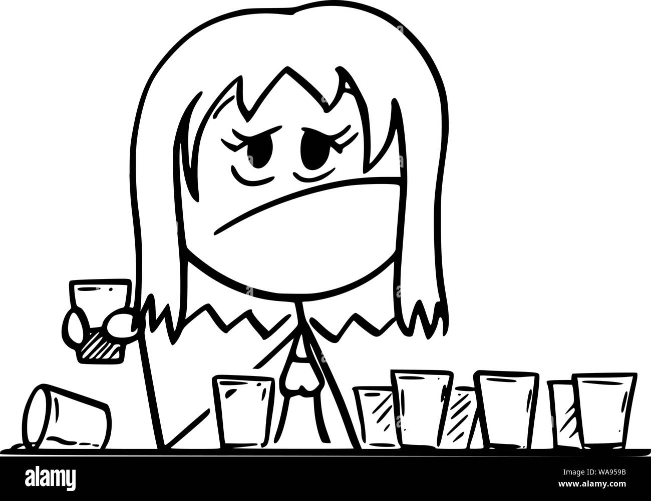 Vector cartoon stick figura disegno illustrazione concettuale di frustrati Bevuto donna seduta con tante vuote shot o short drink bicchieri. Illustrazione Vettoriale