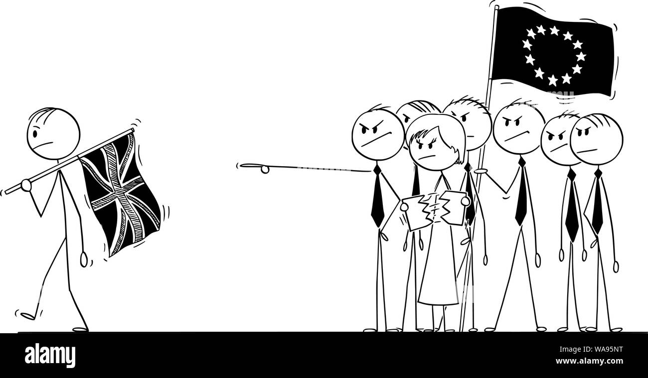 Cartoon stick disegno illustrazione concettuale di brexit, primo ministro della Gran Bretagna o Regno Unito o UK sta lasciando Unione Europea o UE con la bandiera e con no-deal. Illustrazione Vettoriale