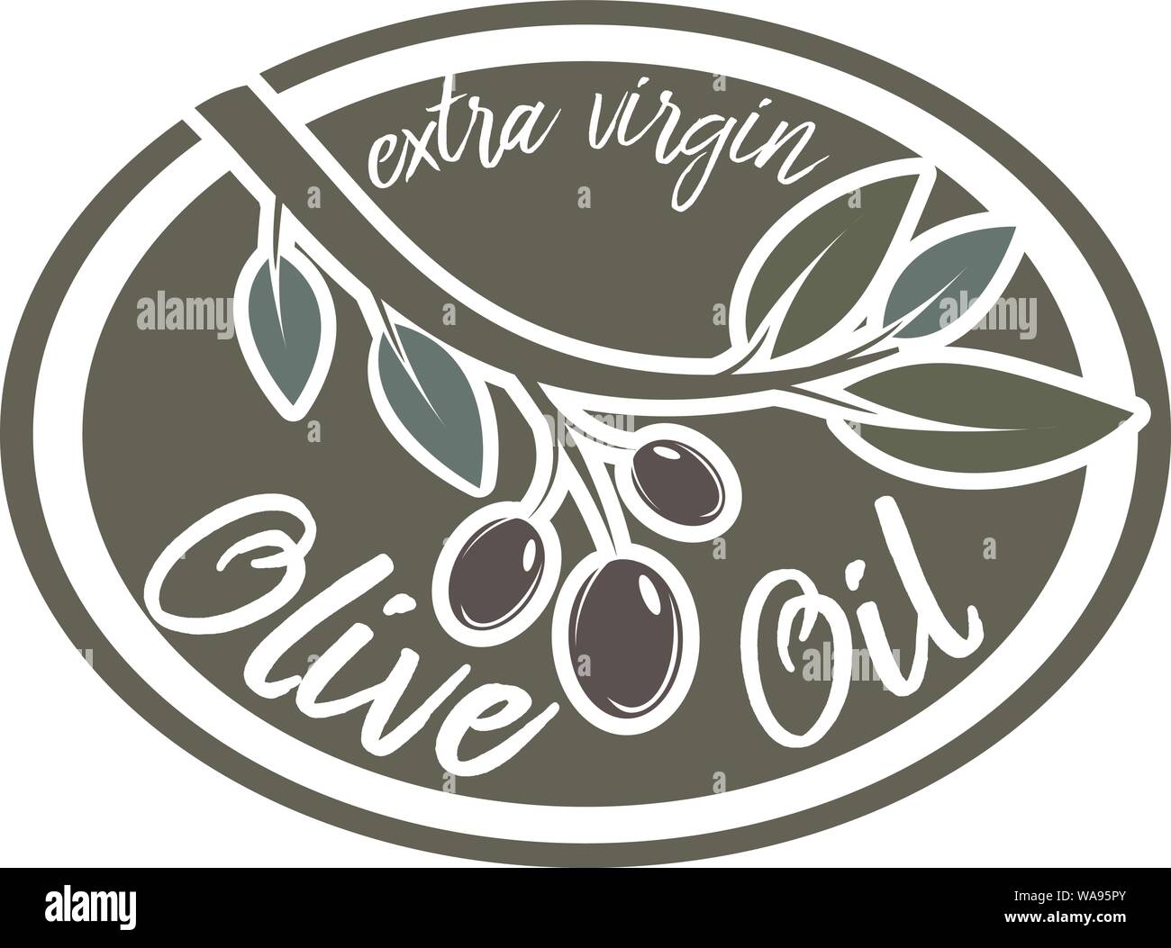 Oval olio d'oliva logo o il badge con olive branch e testo di olio extra vergine di oliva illustrazione vettoriale Illustrazione Vettoriale