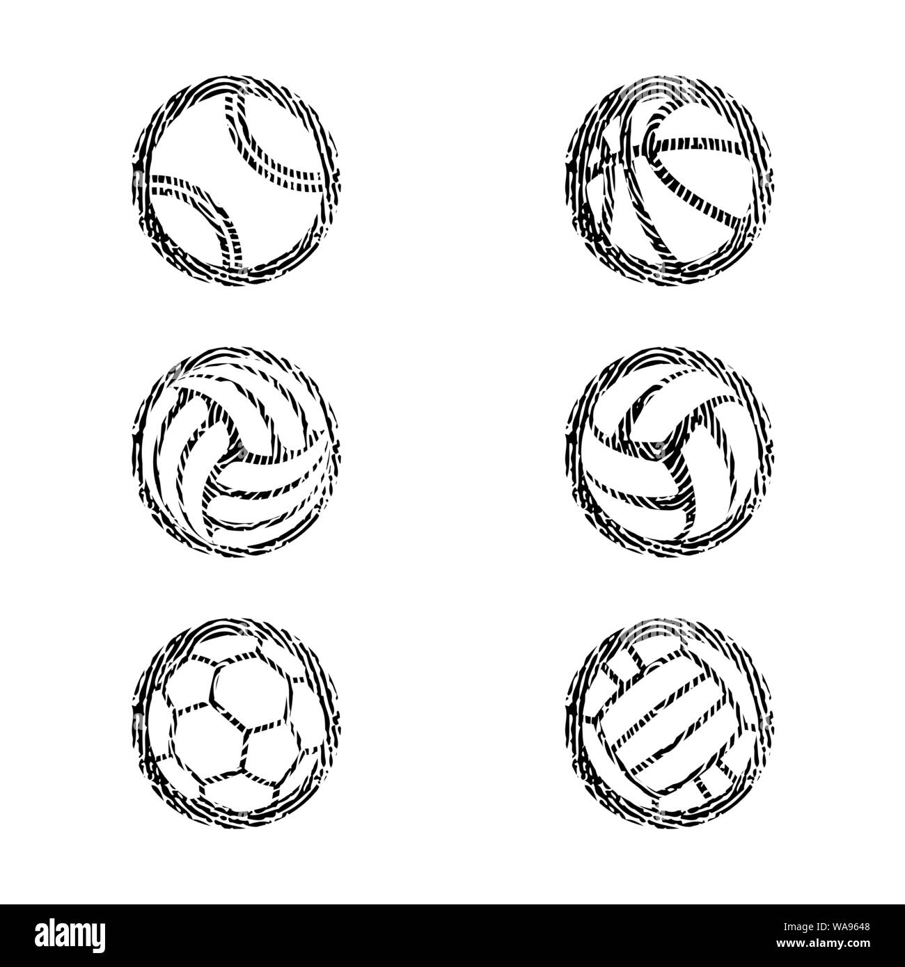 Set di grunge nero delle impronte digitali con diversi sport bianco sihouettes a sfera Illustrazione Vettoriale