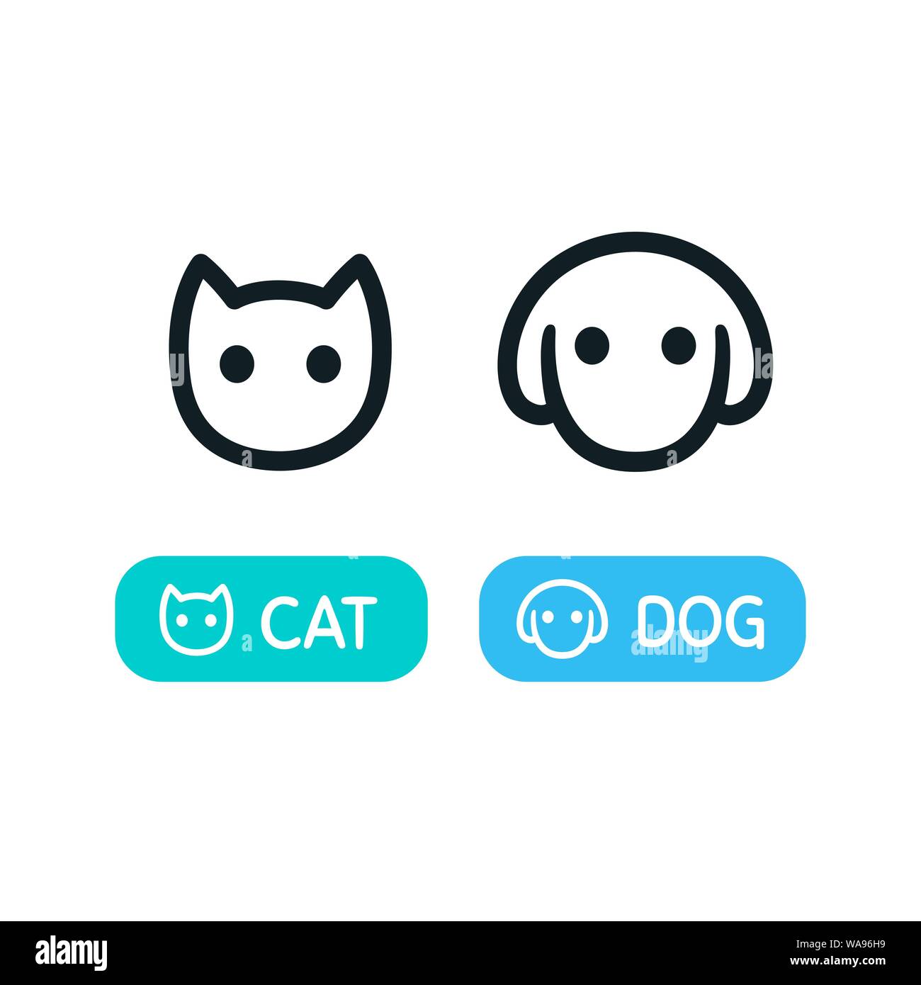 Cat and Dog Face, semplice disegnati a mano icona linea. Il minimo stile cartoon pittogramma, pet scelta schermo pulsanti di interfaccia utente. Illustrazione Vettoriale set. Illustrazione Vettoriale