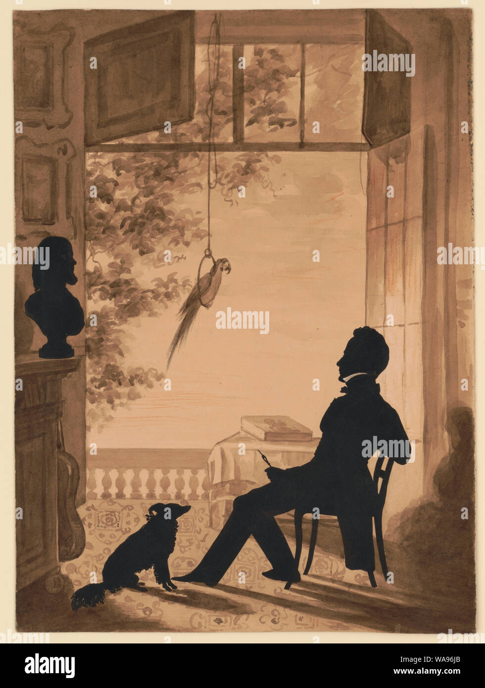 Charles Fenderich Abstract: disegno mostra un full-length silhouette dell'artista Charles Fenderich seduto su una sedia in una stanza vicino a un balcone aperto. Fenderich detiene una litografia di pastelli nella sua mano sinistra una silhouette di un cane si siede ai suoi piedi e la silhouette di un busto ritratto di artista Augustin Edouart è su un piedistallo a sinistra dell'immagine. Un pappagallo poggia su un pesce persico appeso vicino al centro della scena. Foto Stock