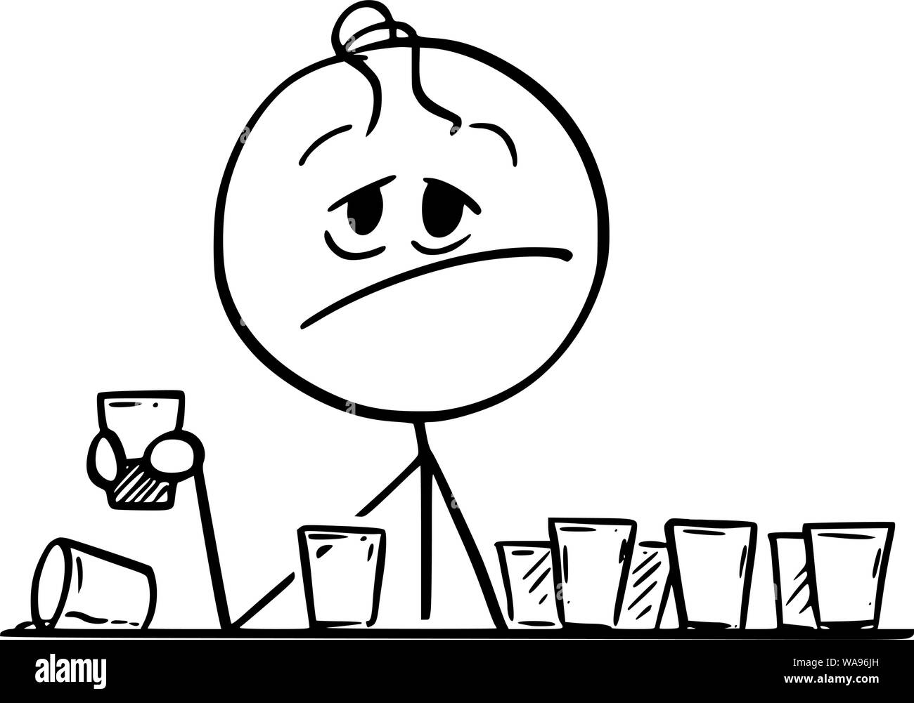 Vector cartoon stick figura disegno illustrazione concettuale di frustrati ubriaco uomo seduto con tante vuote shot o short drink bicchieri. Illustrazione Vettoriale
