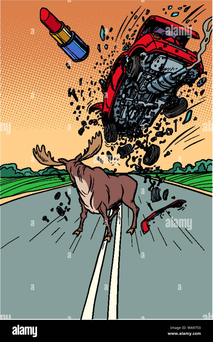 Pericolo su strada di animali selvatici le alci e l'auto. Fumetto cartoon arte pop retrò illustrazione vettoriale disegno Illustrazione Vettoriale