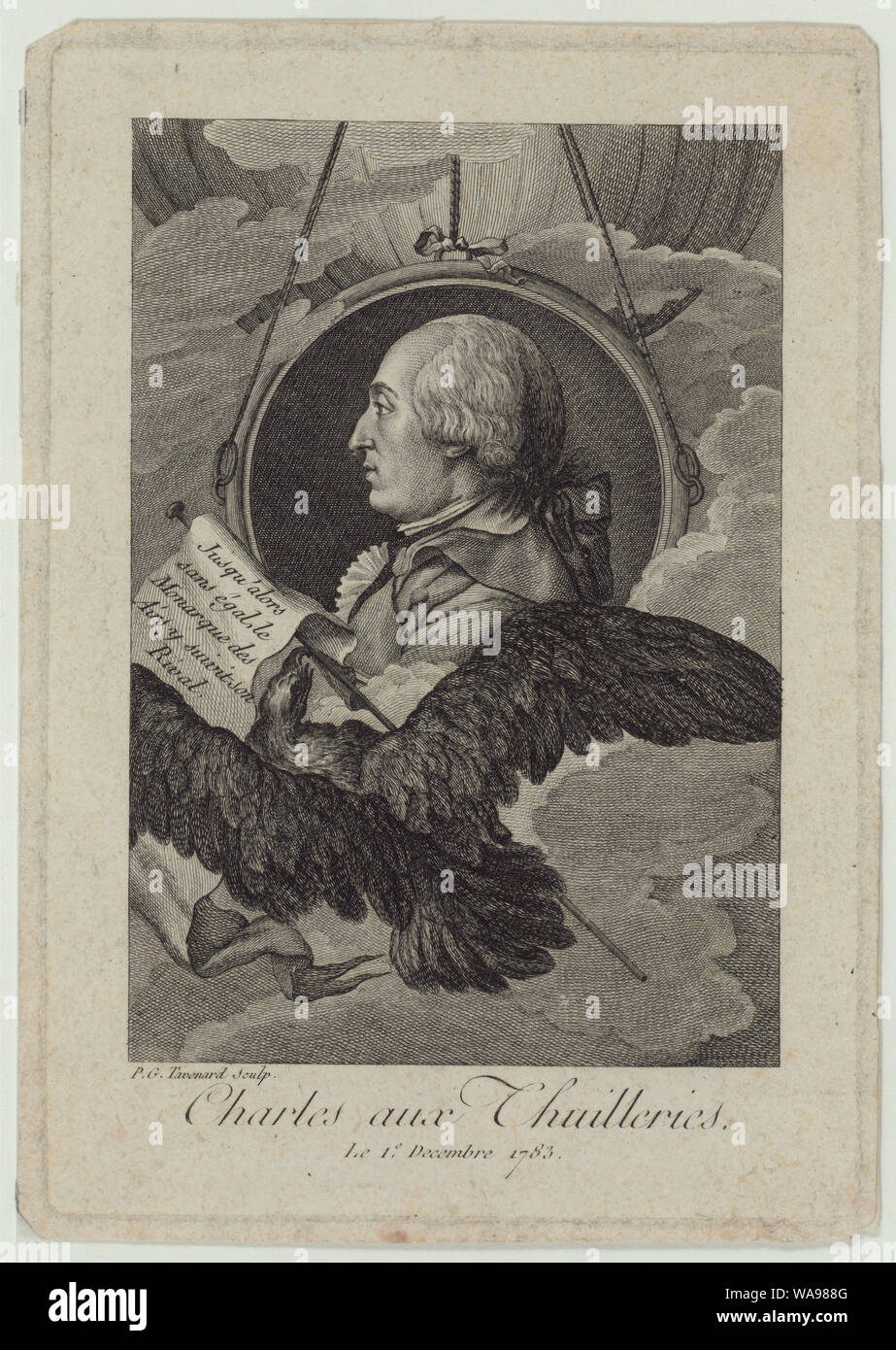 Charles aux Thuilleries [cioè, Tuileries] le 1e decembre 1783; testa e spalle ritratto di profilo di Francese balloonist J.A.C. Charles, che ha effettuato il primo volo in un palloncino di idrogeno, 1 Dic 1783. Include il banner con didascalia Jusq'alors san égal, le monarque des arie, y suivit figlio rivale e grande uccello in primo piano, con palloncino in background. Foto Stock