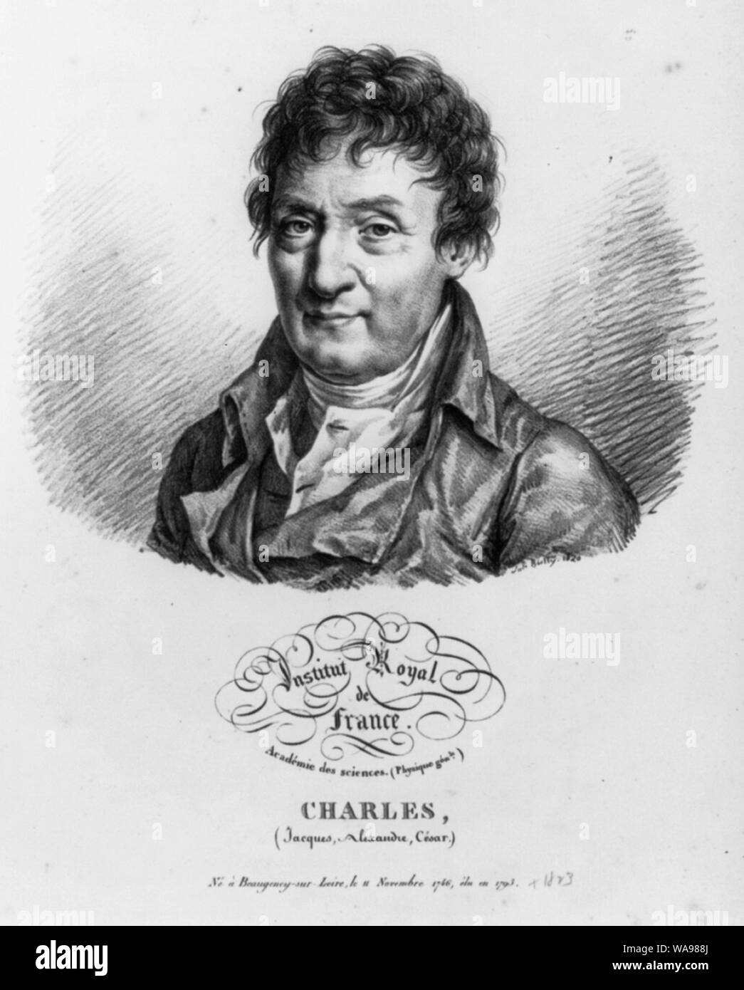 Charles, (Jacques Alexandre César.) né Beaugency-sur-Loire, le 11 novembre 1746, élu en 1793; testa e spalle ritratto di balloonist francese Jacques Alexandre César Charles, che ha effettuato il primo volo in un palloncino di idrogeno, 1 Dic 1783. Foto Stock