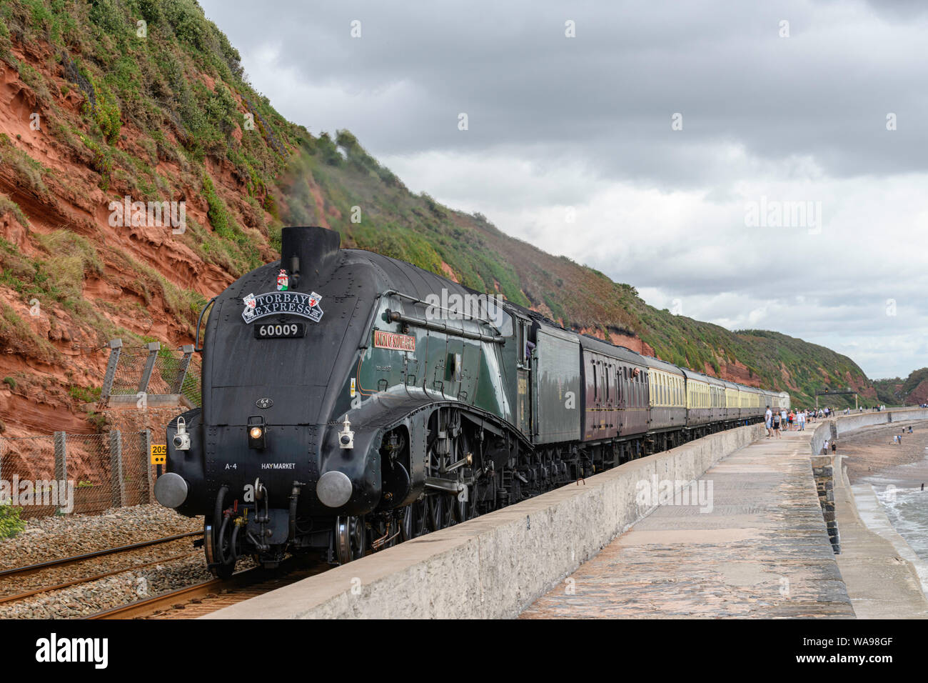 Locomotiva a vapore 60009 Unione Sudafricana cale Torbay Express oltre la parete del mare a Dawlish South Devon Regno Unito Foto Stock