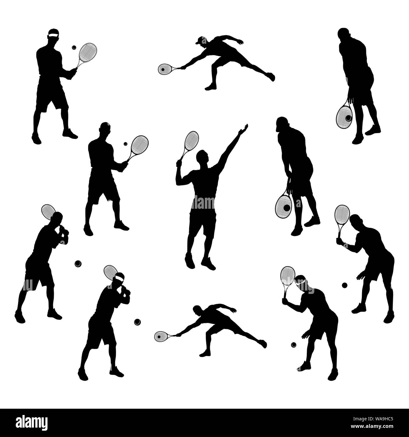 Giocatore di Tennis silhouette nera impostato su sfondo bianco, illustrazione vettoriale Illustrazione Vettoriale