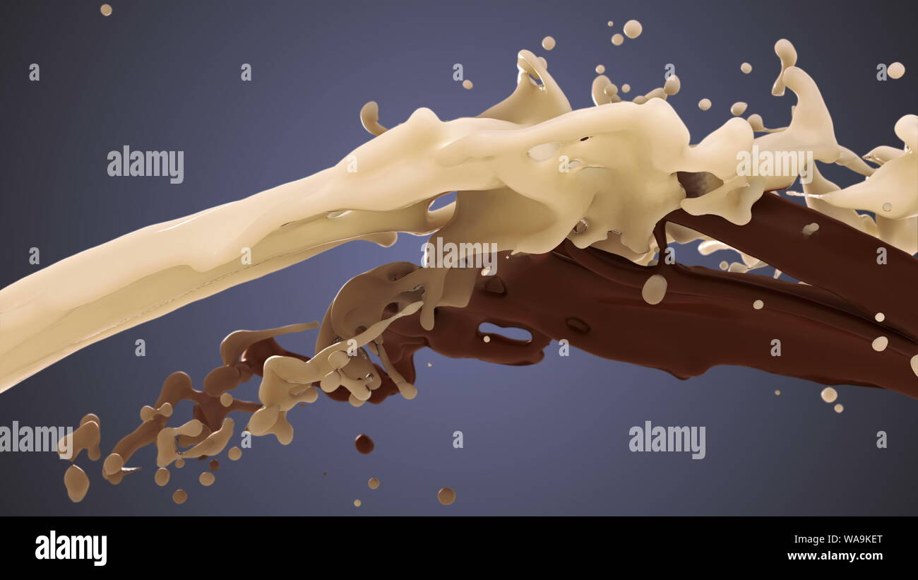 Il latte e la cioccolata splash su sfondo blu. Il bianco e il liquido scuro collisione Foto Stock