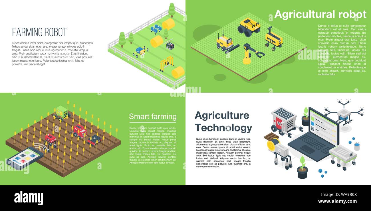 Robot agricoli set di banner, stile isometrico Illustrazione Vettoriale