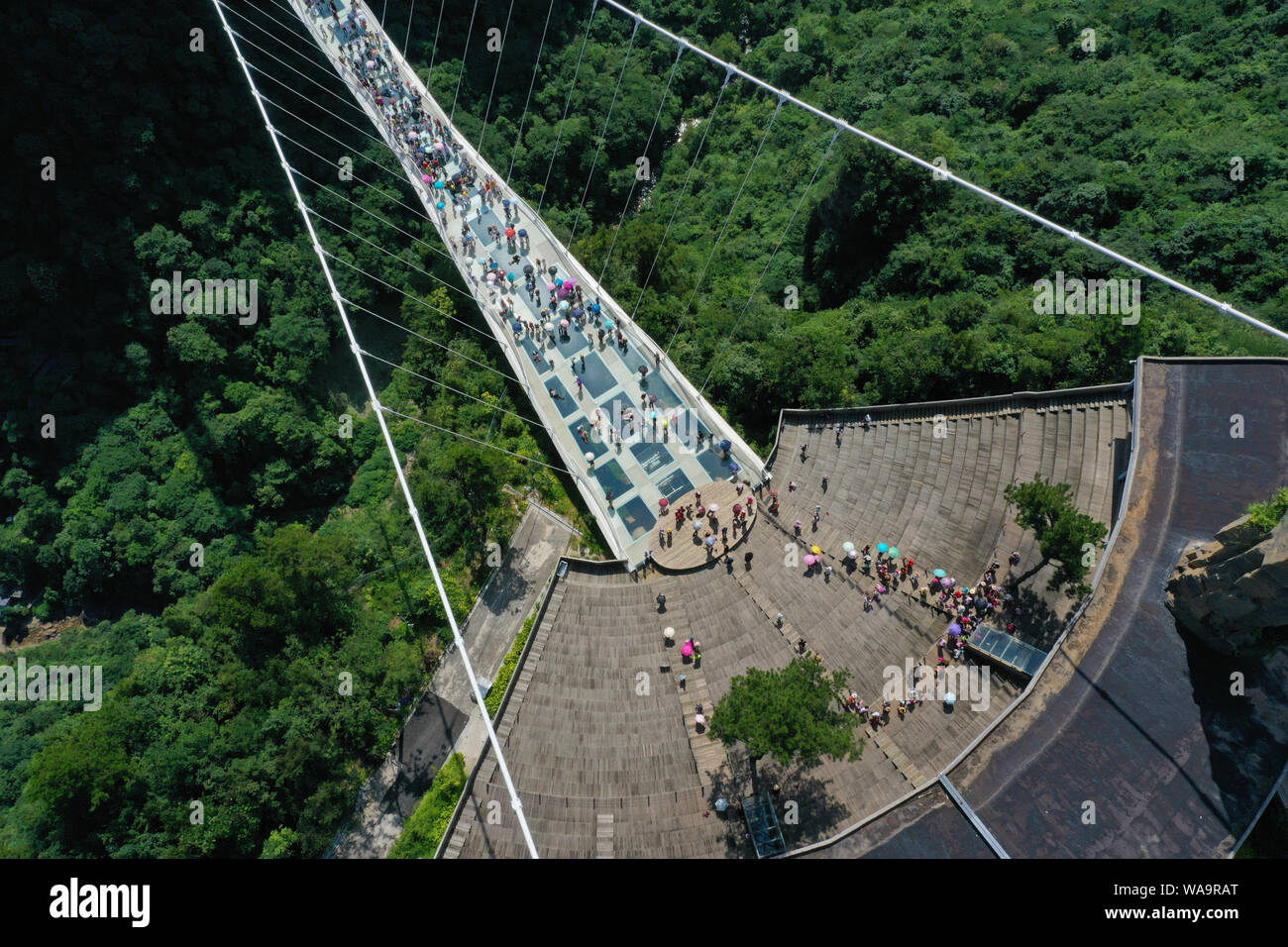 I turisti a piedi sulla più lunga del mondo e il più alto dal fondo di vetro ponte sopra il Zhangjiajie Grand Canyon a Wulingyuan Scenic e interesse storico Ar Foto Stock