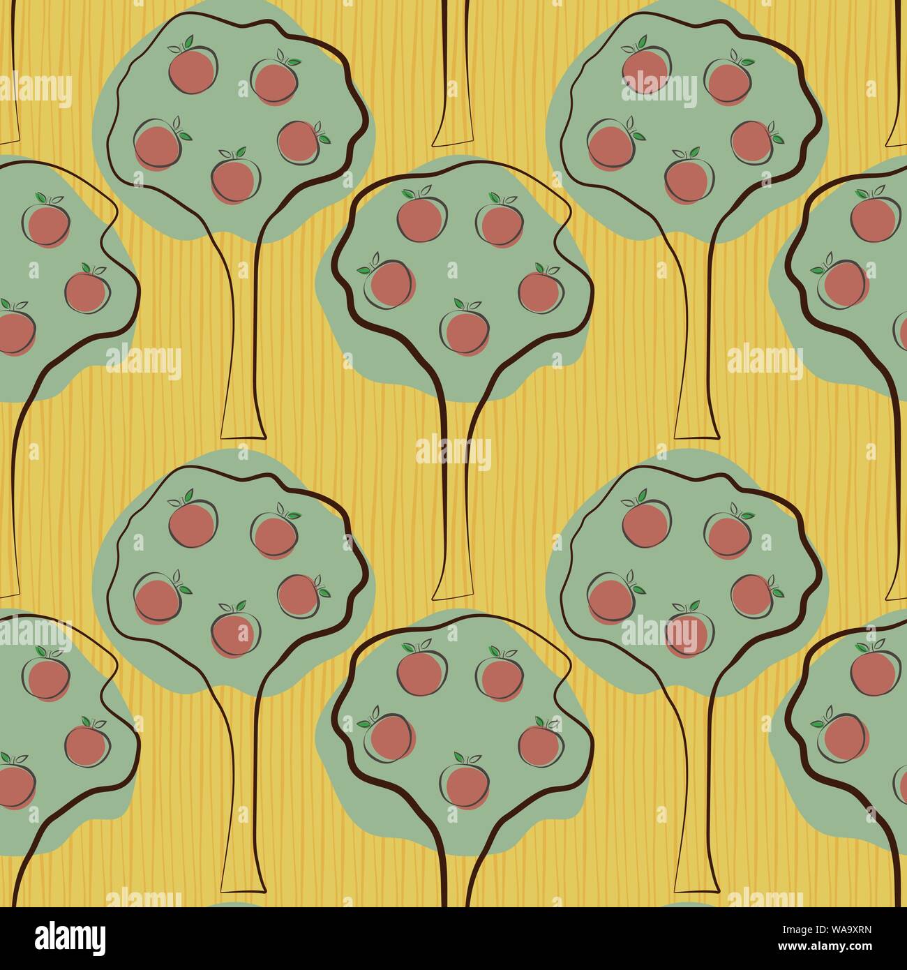 Line art melo frutteto con verde di offset e di colore rosso. Vettore di Seamless pattern on line textured sfondo arancione. Ottimo per caduta, prodotti alimentari Illustrazione Vettoriale