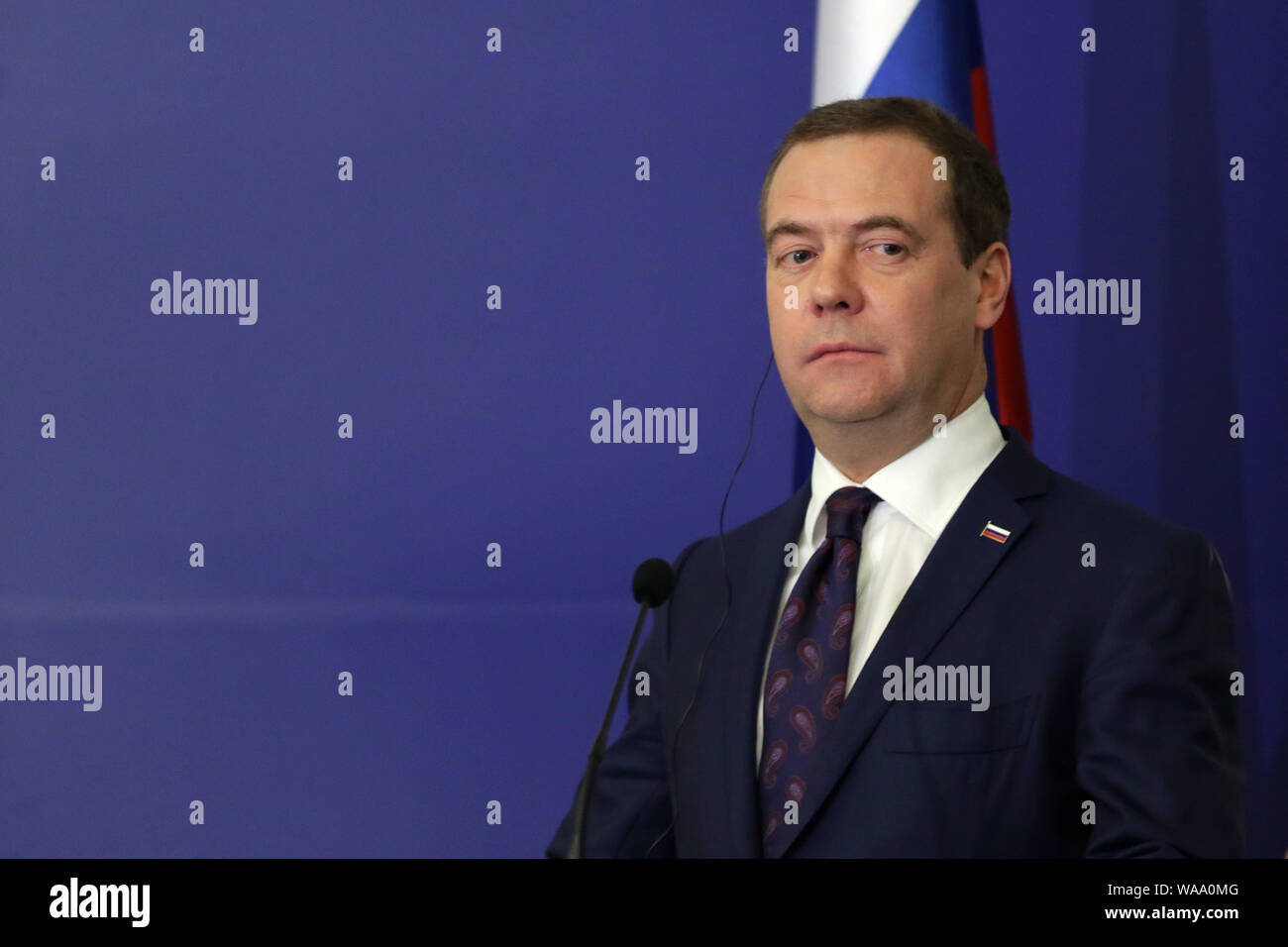 Sofia, Bulgaria - 4 Marzo, 2019: Primo Ministro russo Dmitry Medvedev assiste ad una conferenza stampa dopo un incontro con il suo omologo bulgaro. Foto Stock