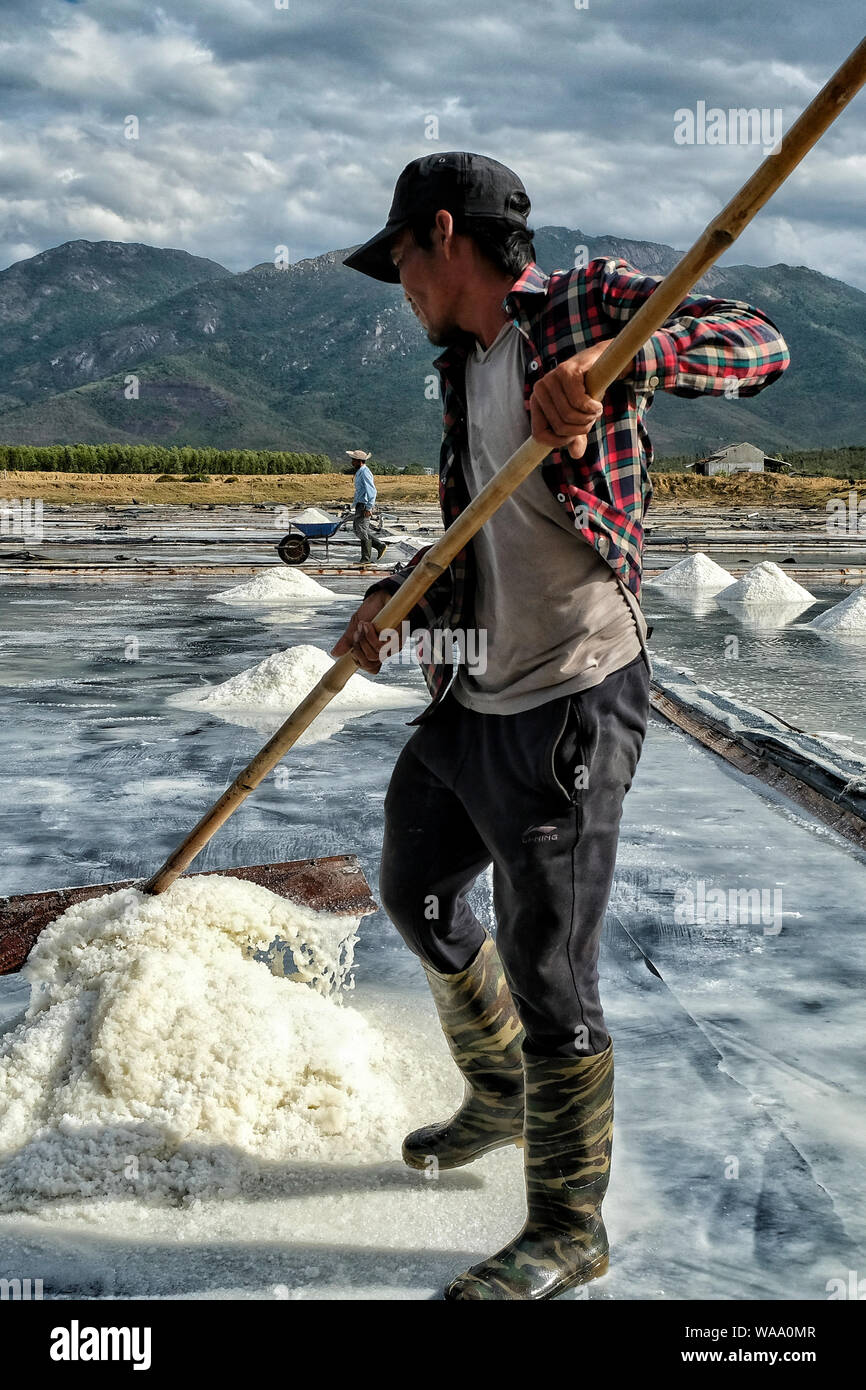 Nha Trang, Vietnam - 16 agosto: Uomini organizzare sale in pile al Hon Khoi sale campi su agosto 16, 2018 a Nha Trang, Vietnam. Foto Stock