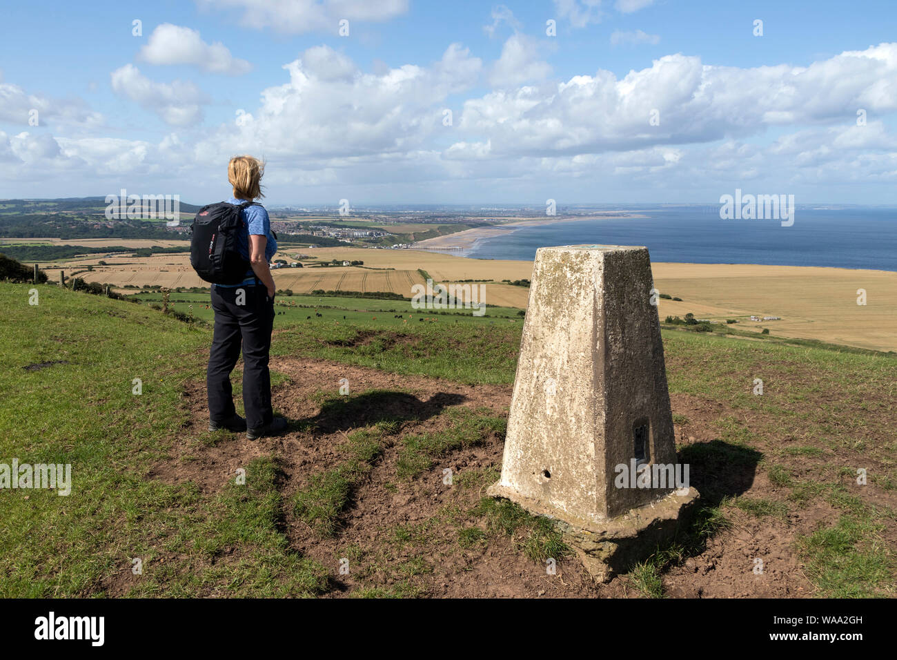 Il Vertice di Warsett Hill con la vista verso Saltburn e il suo molo, Cambs, Cleveland, Regno Unito Foto Stock