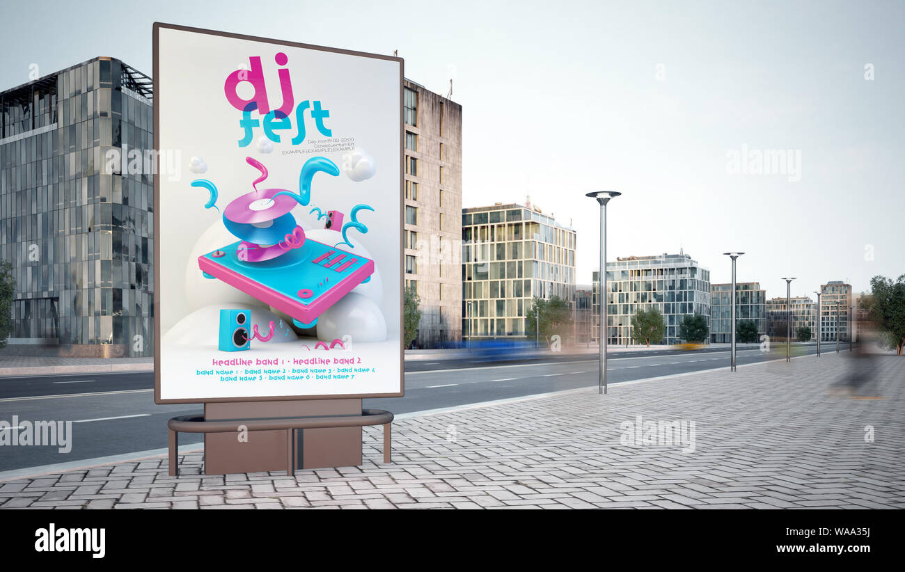 Dj festival cartelloni pubblicitari a city street mockup rendering 3D Foto Stock