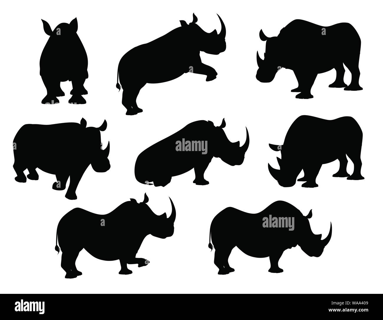 Silhouette nera rinoceronte africano in diverse pose cartoon animale piatto design illustrazione vettoriale isolati su sfondo bianco. Illustrazione Vettoriale