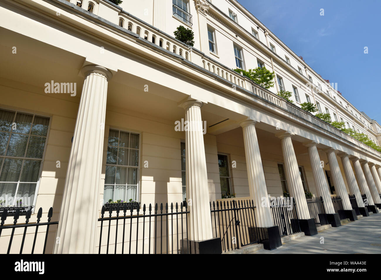 A schiera residenze di lusso con facciata in stucco, Eaton Square garden square, Belgravia, West London, Regno Unito Foto Stock