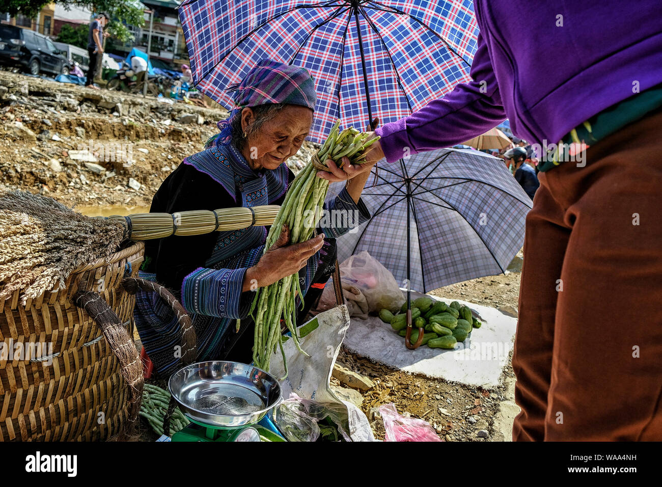 Bac Ha, Vietnam - 26 agosto: donne Hmong con abito tradizionale vendita di verdure sul mercato in agosto 26, 2018 in Bac Ha, Vietnam. Foto Stock