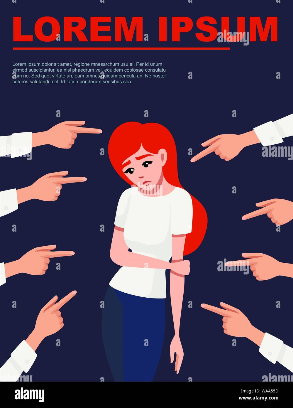 Molte mani puntando il triste redhead sconvolto donna guardando giù piatta illustrazione vettoriale su sfondo scuro. Illustrazione Vettoriale