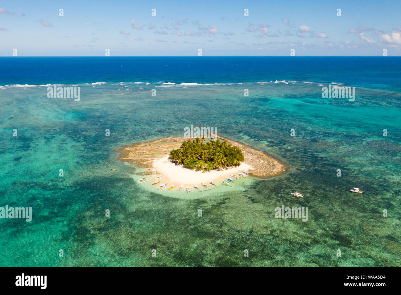 Guyam isola, Siargao, Filippine. Piccola isola con palme e una spiaggia di sabbia bianca. Isole Filippine. Foto Stock
