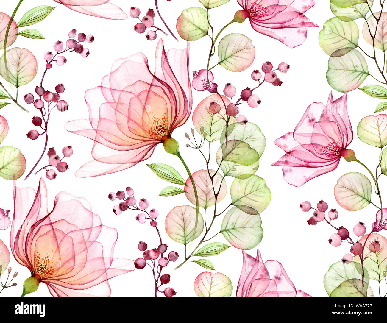 Acquerello trasparente rosa. Seamless motivo floreale. Isolati disegnati a mano con grandi fiori, eucalipto e bacche per wallpaper design, tessile Foto Stock