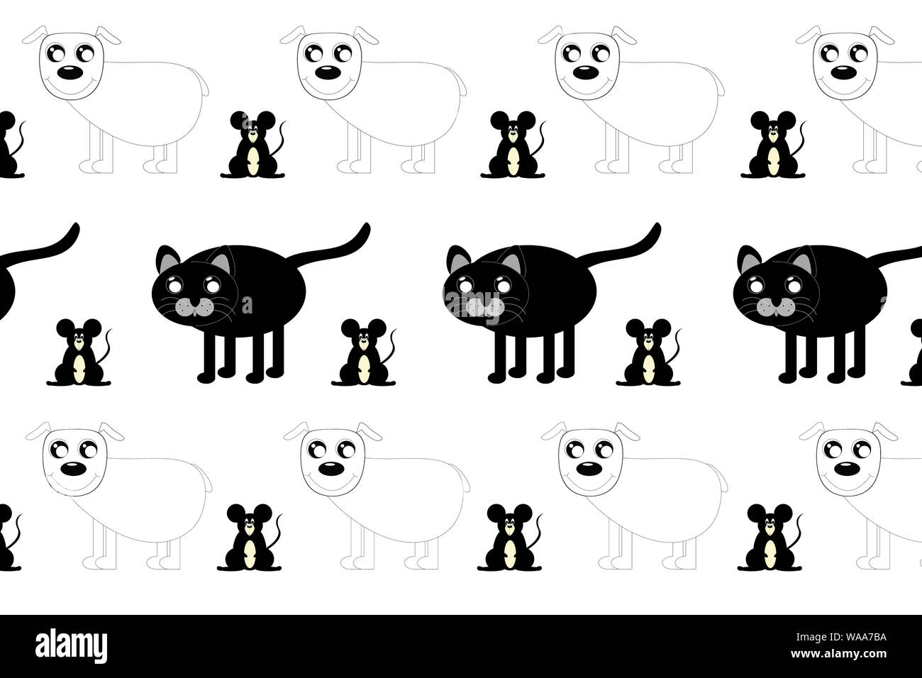 Bianco e nero kawaii illustrazione. Cane, gatto e topo in una ripetizione di modello senza giunture. Foto Stock