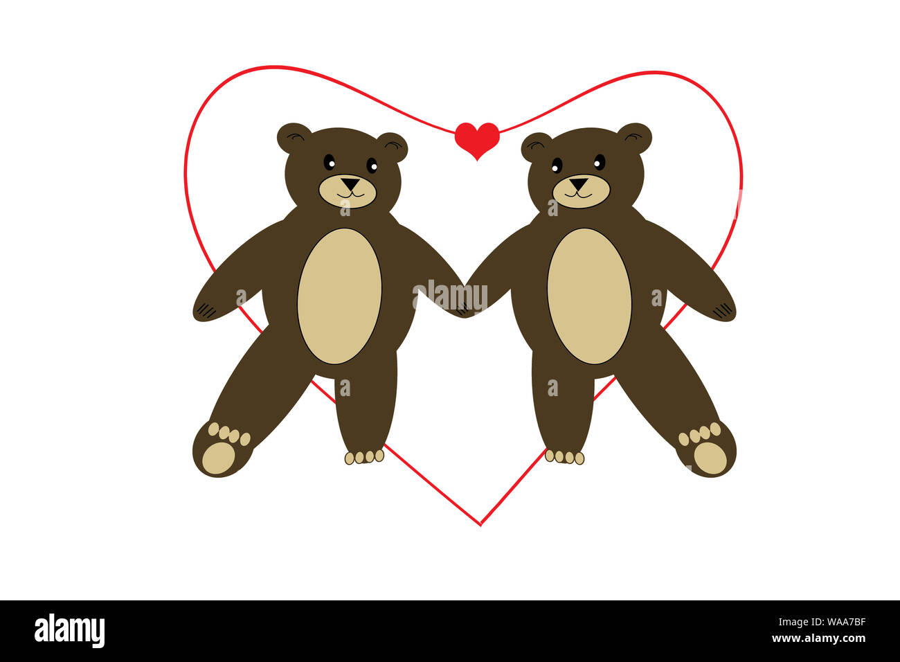 Illustrazione. Due orsi bruni sono holding mentre a piedi a zampa in una cornice fatta di cuori rossi isolato su sfondo bianco. Foto Stock