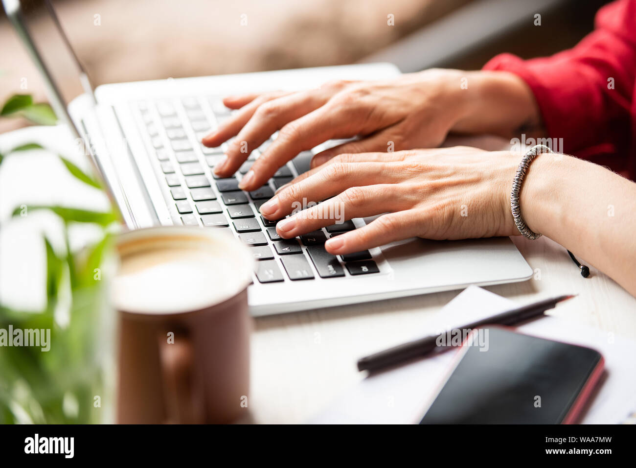 Le mani del giovane imprenditrice sulla tastiera portatile navigare in rete Foto Stock