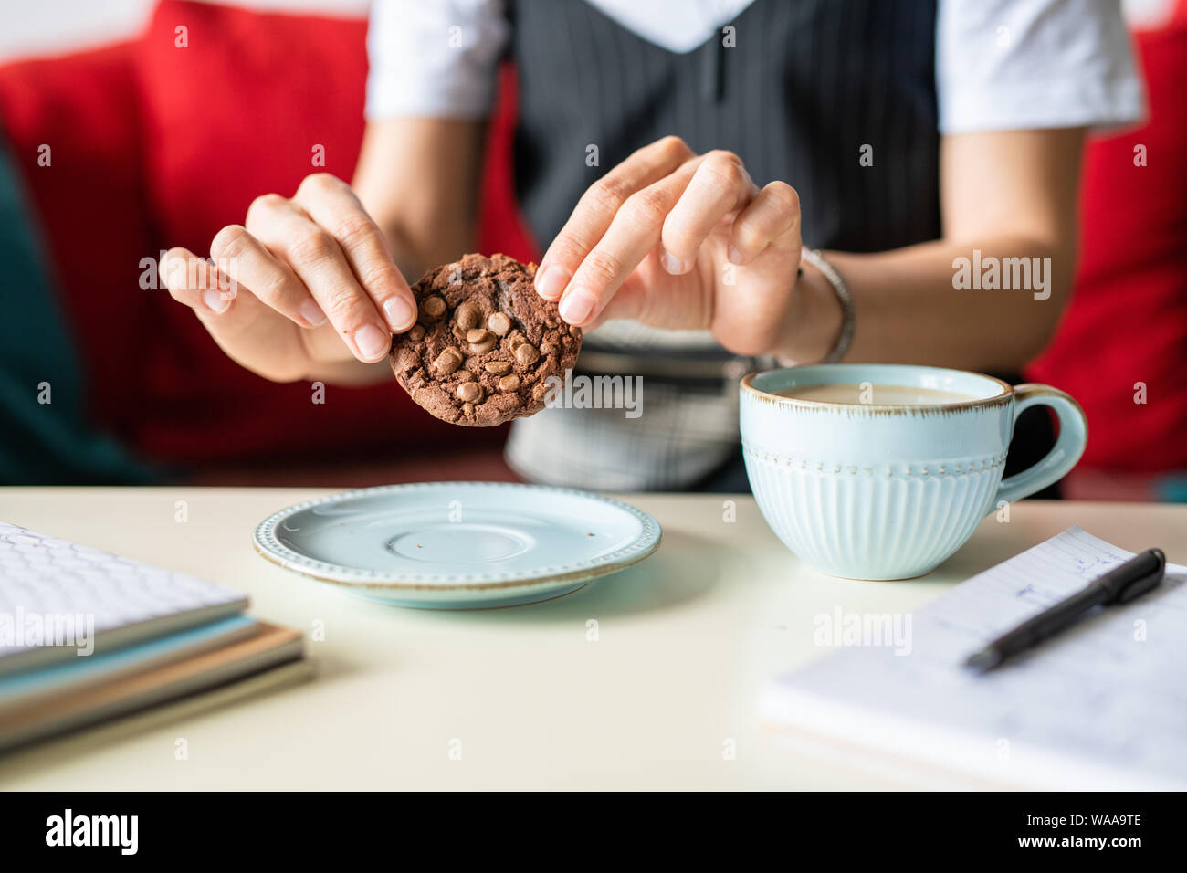 Gustosi biscotti al cioccolato in mani femminili tenendolo su piattino Foto Stock
