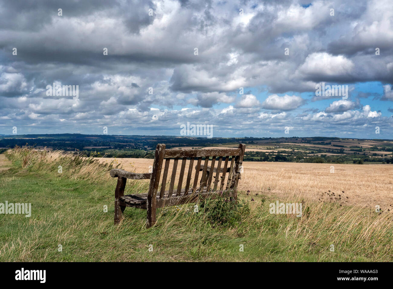Panca in legno che domina una vallata in Cotswolds vicino a Burford. Foto Stock