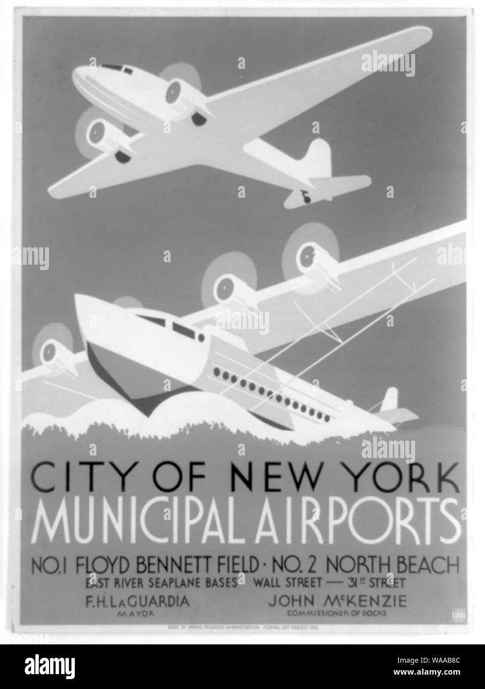 Città di New York gli aeroporti municipali Abstract: poster di promozione di New York gli aeroporti municipali, Floyd Bennett Field e North Beach, East River idrovolante basi, Wall Street e la 31st Street, mostrando aeroplano e idrovolante. Foto Stock