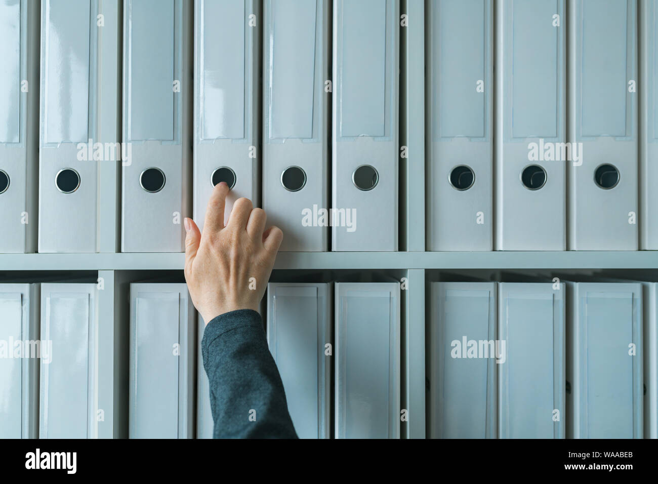 Imprenditrice navigando attraverso il ring binder file archivio di documentazione sul ripiano in ufficio business, stretta di mano Foto Stock