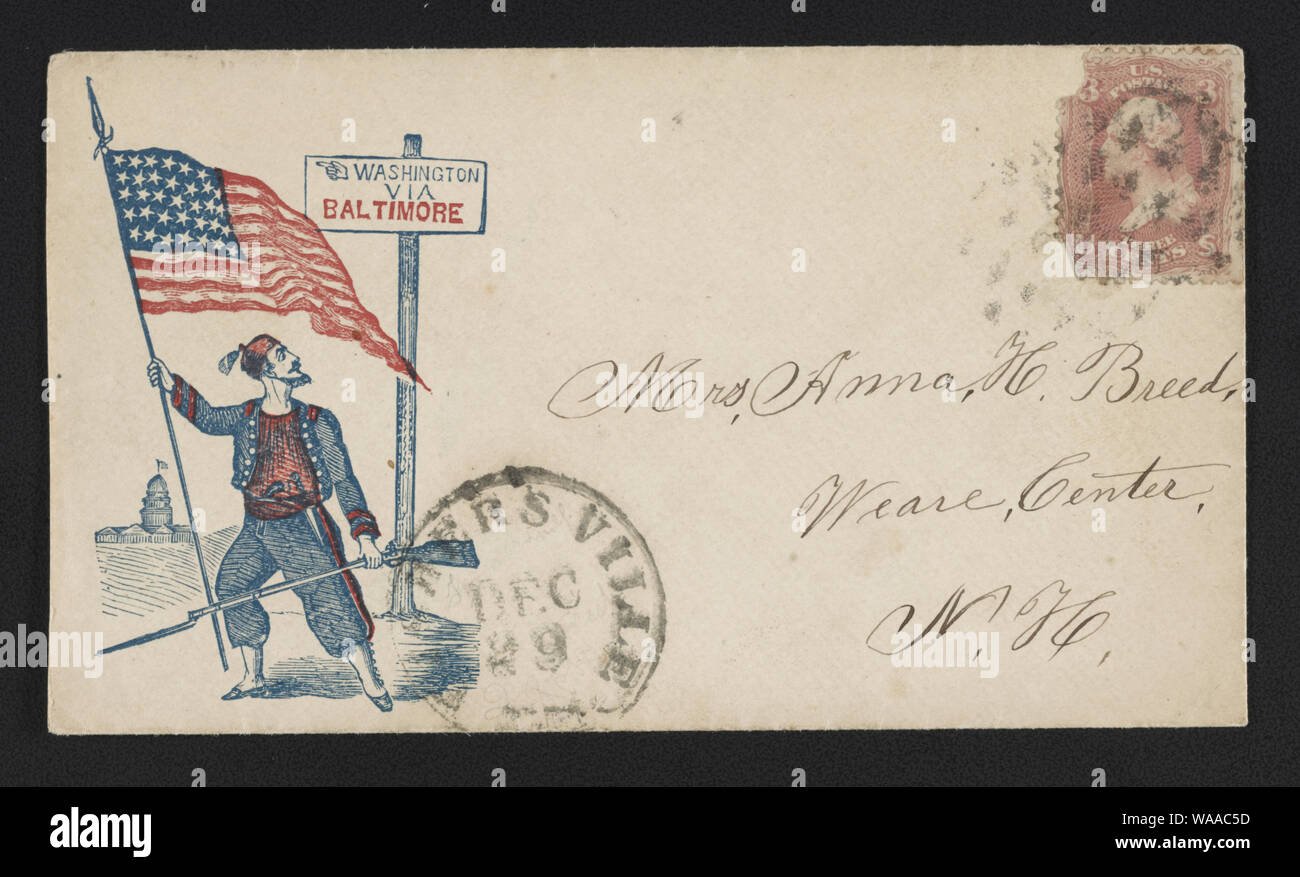 La guerra civile che mostra inviluppo Zouave soldato con bandiera americana e il fucile di fronte a firmare con il messaggio via Washington Baltimore Foto Stock