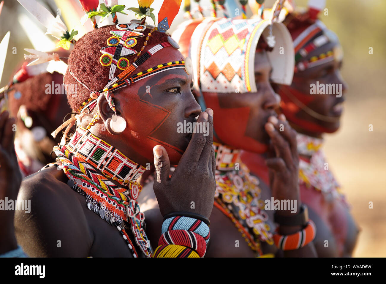 Samburu warrior per partecipare ad una cerimonia di nozze in un villaggio nei pressi di arcieri Post, Kenya. Foto Stock
