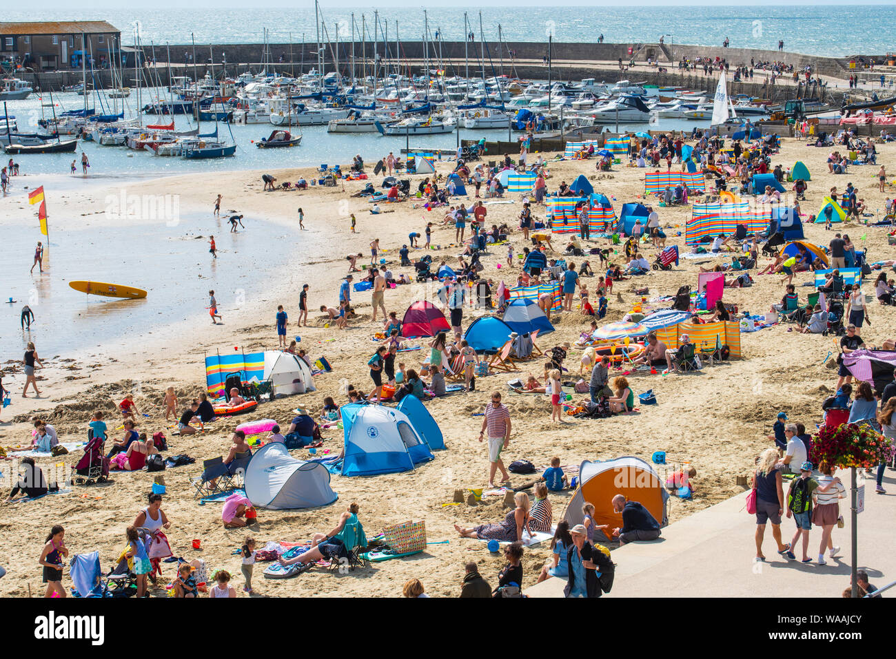 Lyme Regis, Dorset, Regno Unito. 19 Ago, 2019. Regno Unito: Meteo Beachgoers e turisti affollano la spiaggia sabbiosa a pictureseque resort di Lyme Regis come un sole estivo torna dopo un fine settimana di pioggia e vento. Abbondanza di sole caldo e cielo blu sono previsioni meteo nella corsa fino a Ferragosto weekend. Credito: Celia McMahon/Alamy Live News Foto Stock