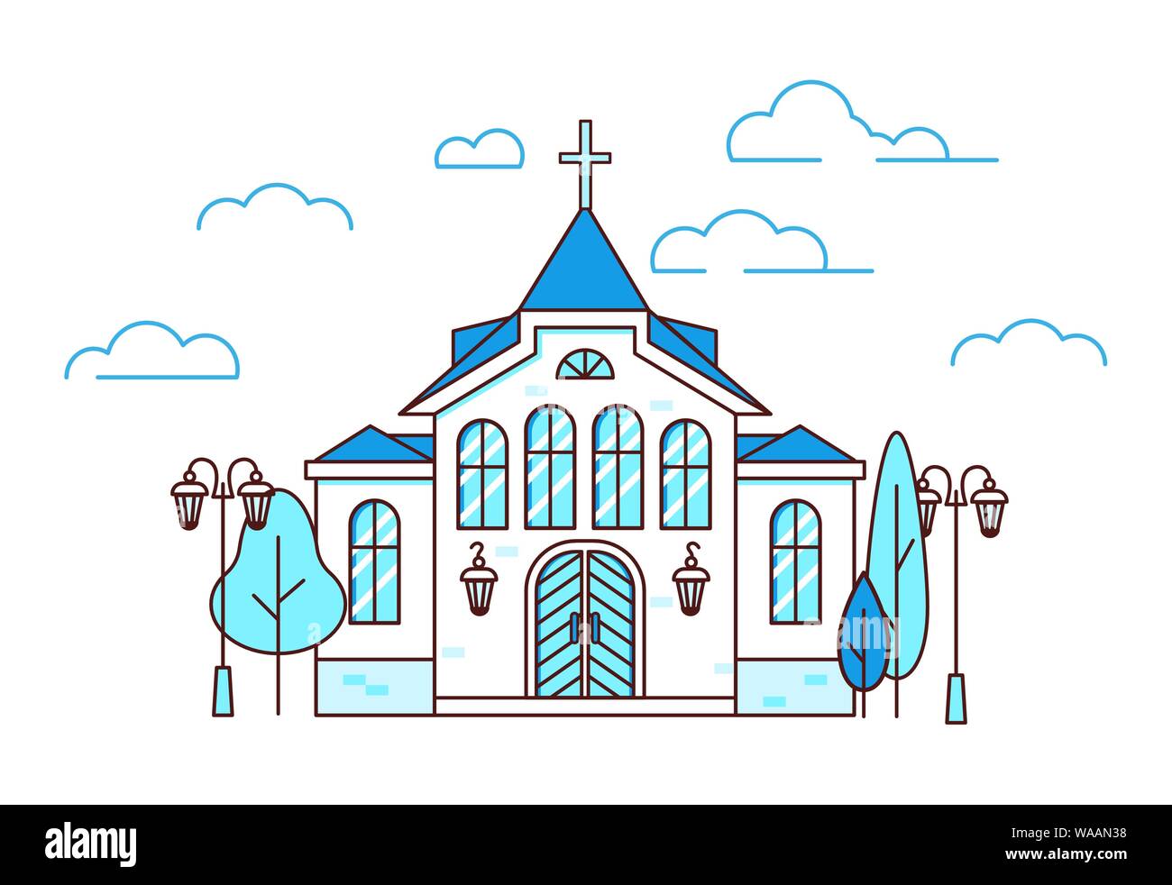 Line Art house chiesa cristiana con alberi e lanterne Illustrazione Vettoriale