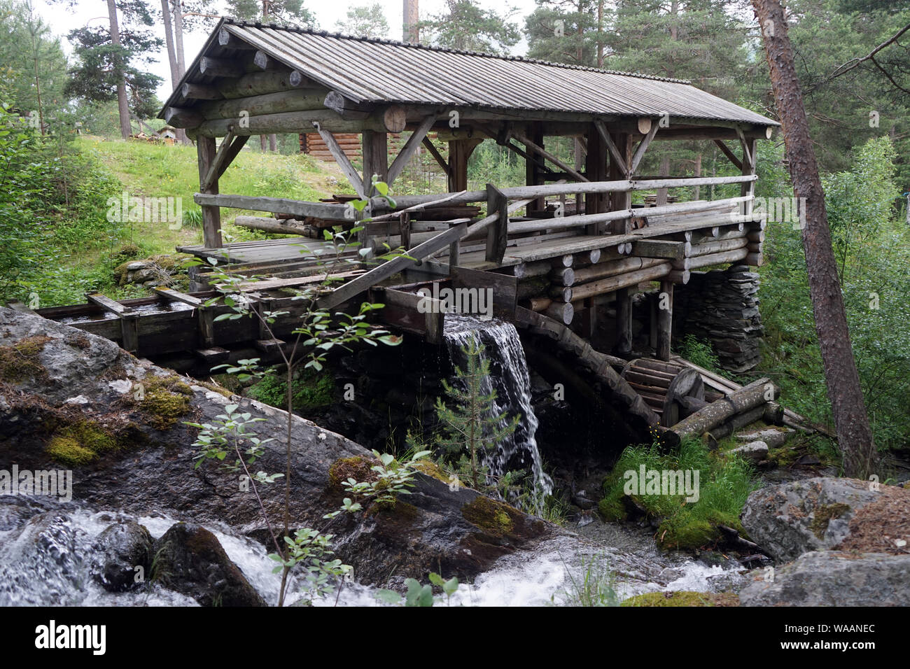 Segheria di acqua nella foresta in Norvegia Foto Stock